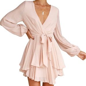 Boutique Style Large Deep V Long Sleeve Mini Dress. Baby Pink. Never worn.